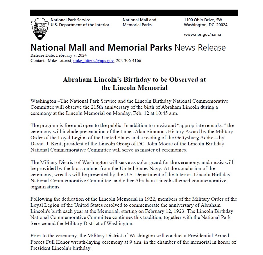NPS Release Lincoln Birthday at Lincoln Memorial 2024