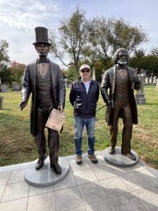 Me with Lincoln and Douglass statues, Congressional Cemetery 2025